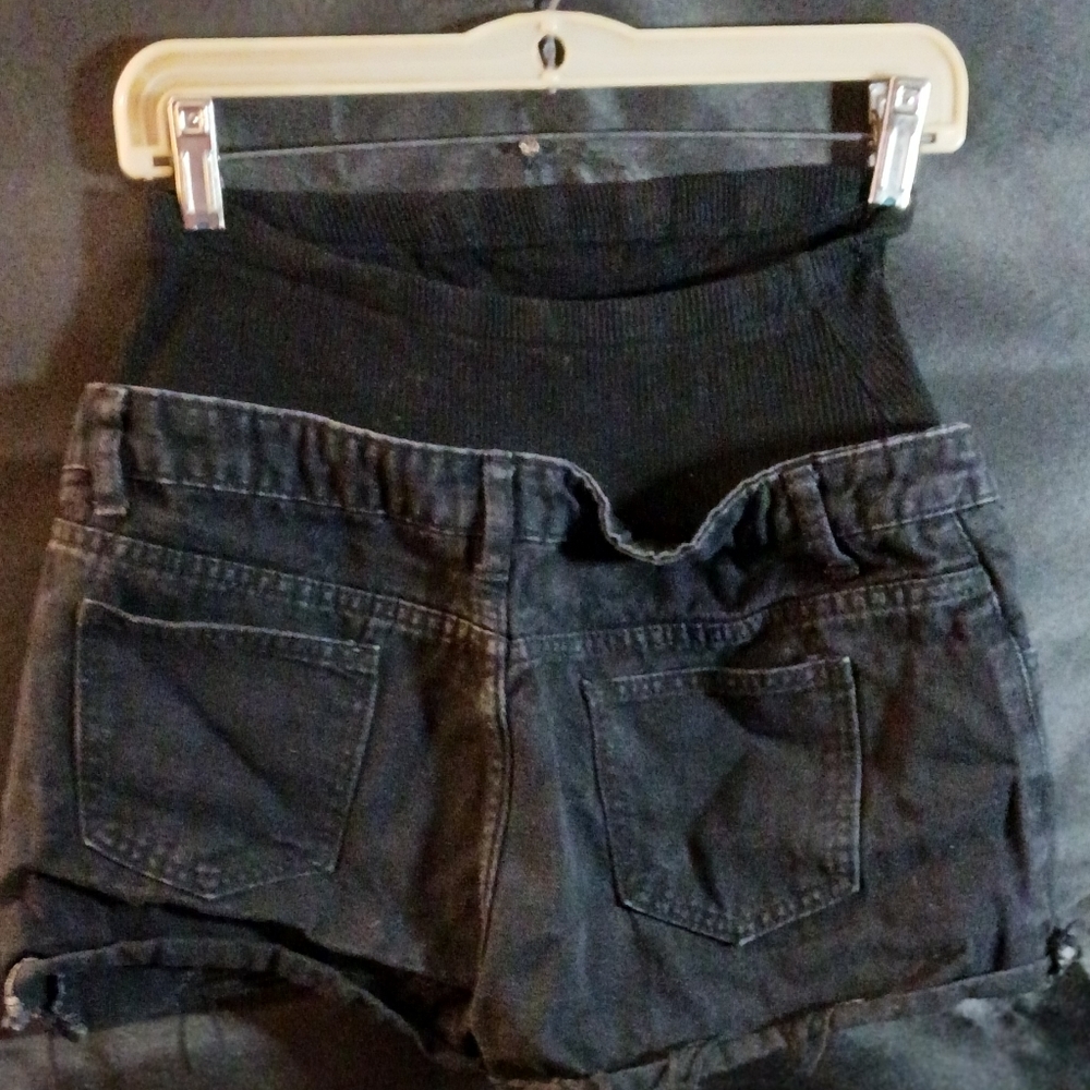 Black Distressed Maternity Denim Shorts | Over-Belly Panel | Stretch | Casual - Picture 4 of 9